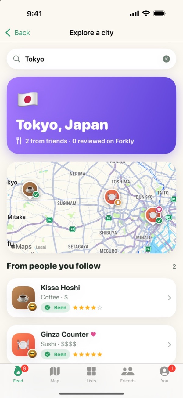City search showing a map and spots saved by people you follow