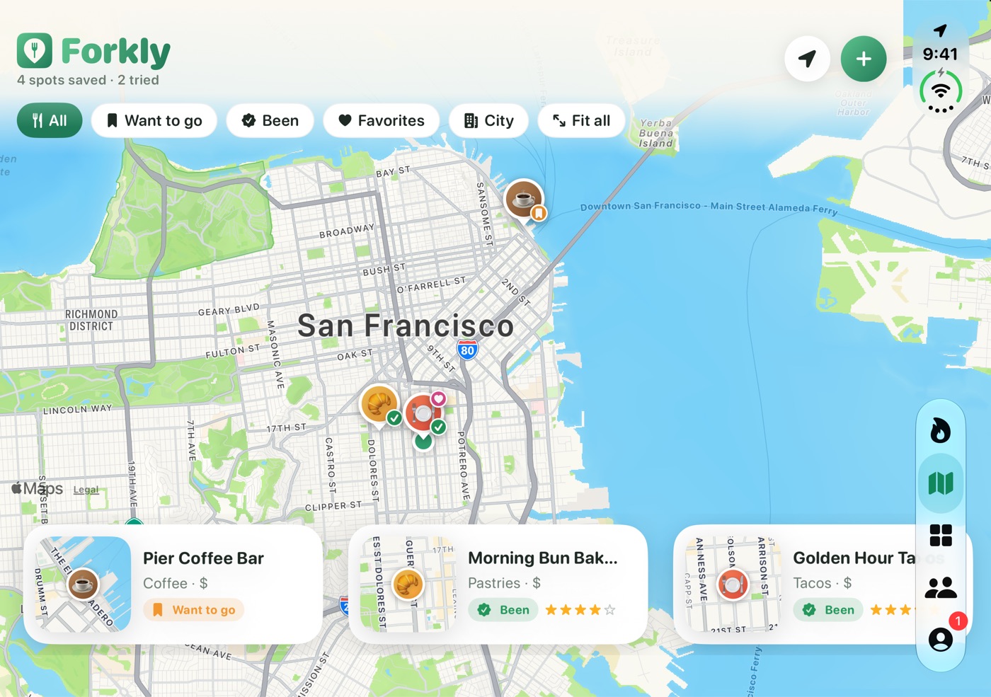 Forkly unfolded on iPhone Duo: a wide map of San Francisco with spot cards along the bottom