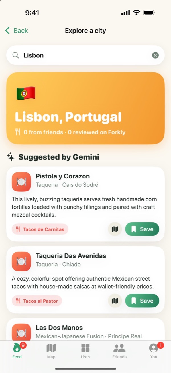Suggested by Gemini: AI picks for a city, each confirmed on Apple Maps with a save button