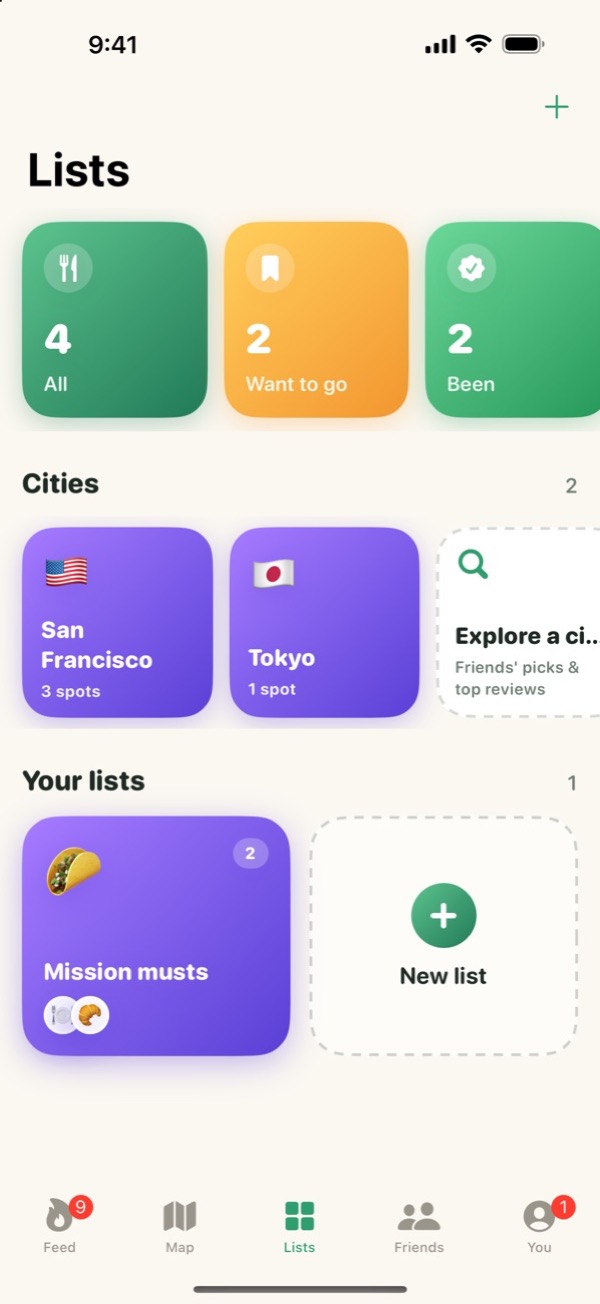 The Lists tab with stat tiles, city cards and custom lists