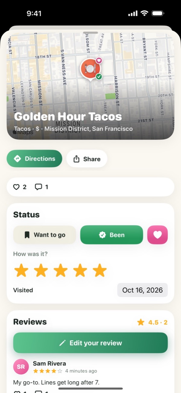 A spot page with a photo header, status, star rating and reviews